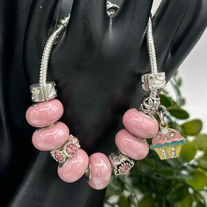 Pandora Style Baby Pink Charm Bracelet in Silver with Cupcake Dangle, NWOT